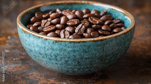 Bowl of roasted coffee beans on rustic background.