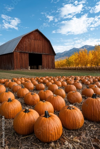 Autumn pumpkin patch in front of a rustic barn photo