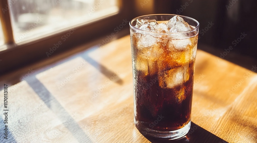 Refreshing Cola Drink with Ice in Glass on Wooden Table Refreshing Cola Drink with Ice in Glass on Wooden Table