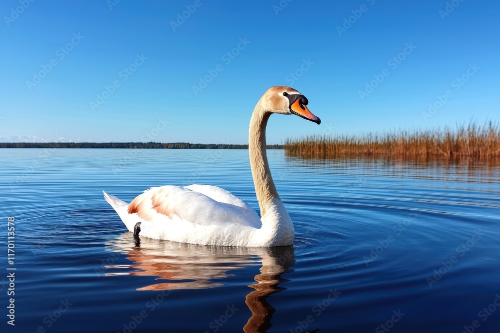 Obraz premium Graceful swan swimming in a calm lake under a clear blue sky