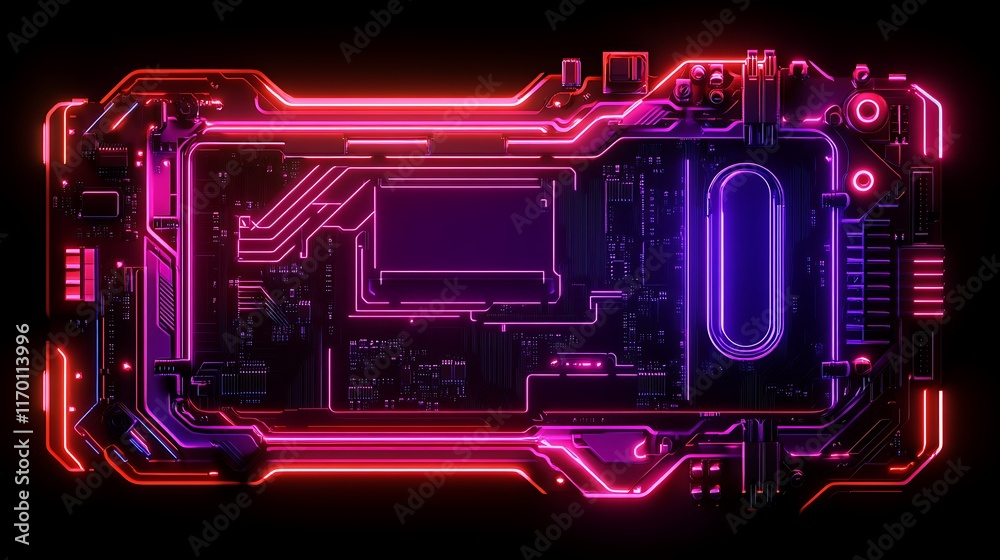 A glowing neon motherboard icon in radiant purple and red, with glowing LED-like highlights and a futuristic design, symbolizing advanced gaming technology, glowing vividly against a dark background A glowing neon motherboard icon in radiant purple and red, with glowing LED-like highlights and a futuristic design, symbolizing advanced gaming technology, glowing vividly against a dark background