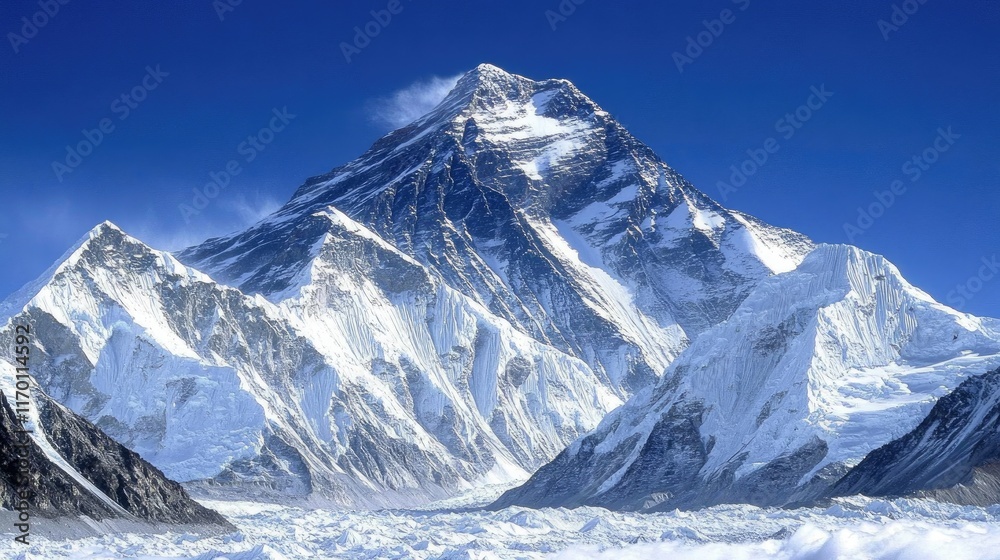 A clear view of Mount Everest from the Tibetan Plateau, with a barren foreground and striking peaks. A clear view of Mount Everest from the Tibetan Plateau, with a barren foreground and striking peaks.