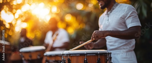 Happy percussionist playing drums outdoors at sunset.