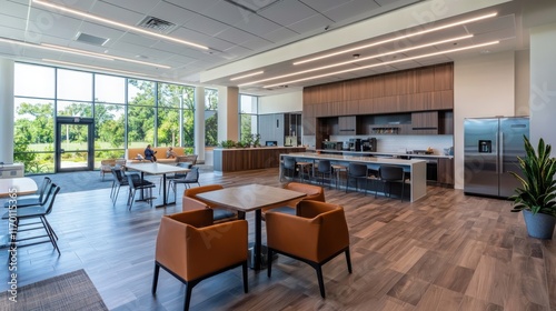 Inclusive office break room for diverse employees in a modern corporate building featuring accessible facilities and vibrant colors