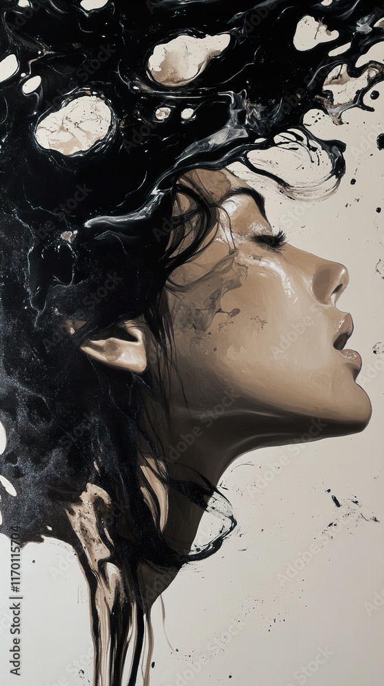 Fototapeta premium Abstract Female Portrait: Dark Hair, Serene Expression