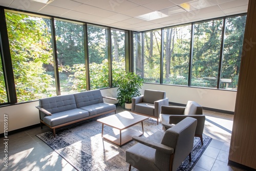 Inclusive startup office break room comfortable seating area natural light relaxed environment modern design photo