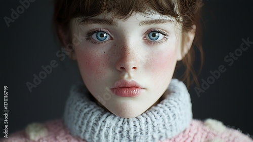 photorealistic image of young girl with blue eyes, freckles, and cozy sweater, expressing humble emotion photo