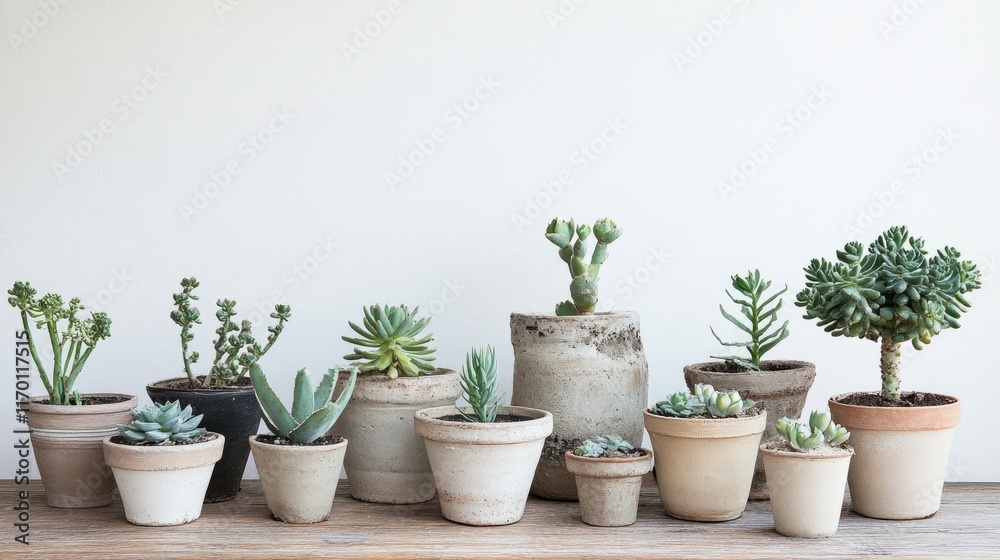 A cluster of Crassula plants in various pots, arranged on a wooden table with natural light and earthy tones. A cluster of Crassula plants in various pots, arranged on a wooden table with natural light and earthy tones.