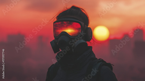 person wearing gas mask against sunset backdrop, evoking sense of mystery and resilience photo