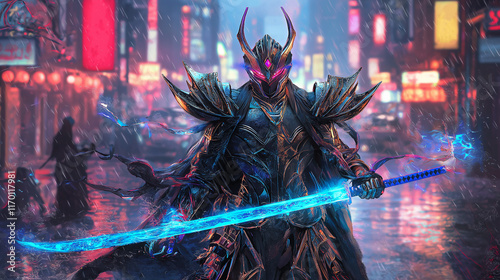 Neon Samurai: Cyberpunk Battle in a Dark Alley