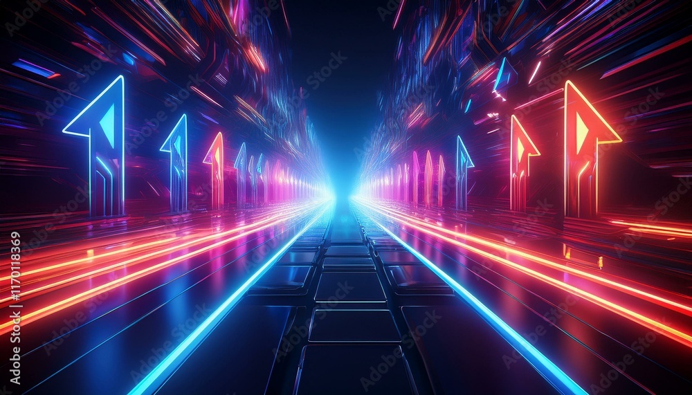 In this 3D rendered abstract technology background, vibrant neon arrows illuminate scene In this 3D rendered abstract technology background, vibrant neon arrows illuminate scene
