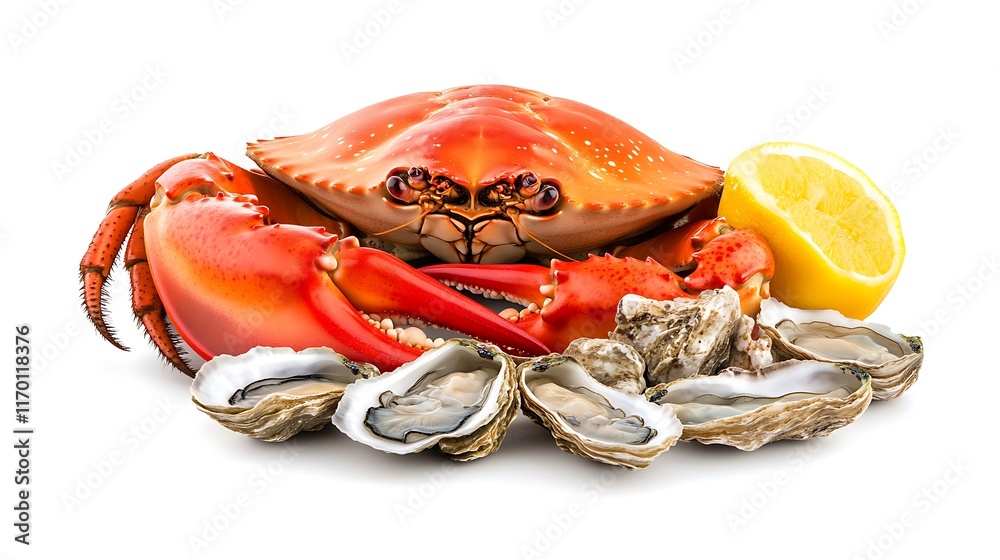 A vibrant display of seafood, including crab, oysters, and a lemon slice. A vibrant display of seafood, including crab, oysters, and a lemon slice.