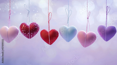 A row of colorful hanging hearts with a soft purple background, with the hearts in various shades of red, pink, purple, and light blue, tied with strings, floating in a dreamy atmosphere
