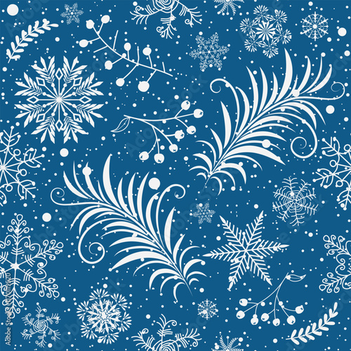 Vector seamless simple Christmas hand drawn two color pattern with snowflakes and stars and berrios on a blue background