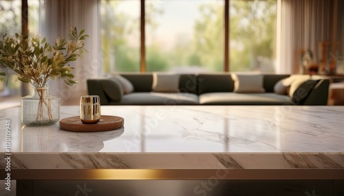 stock photo features a spacious marble counter with a marble table in foreground or living room interior