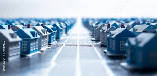 	
A small model of houses in blue and white colors. Real estate market growth	
