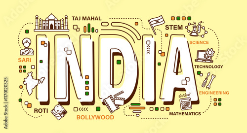 India . Word and outline icon on solid color background . Vector .