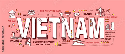 Vietnam . Word and outline icon on solid color background . Vector . Editable stroke .