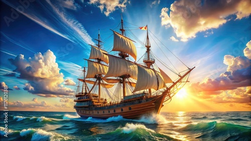 High-resolution image: A glorious galleon sails under a brilliant sun on a calm sea.