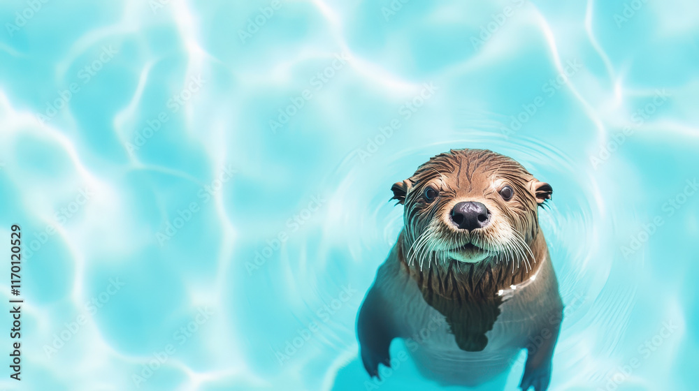 Fototapeta premium Adorable otter swimming playfully in a serene blue pool, showcasing its charming facial expression and expressive eyes, highlighting the joy of summer fun and aquatic life.