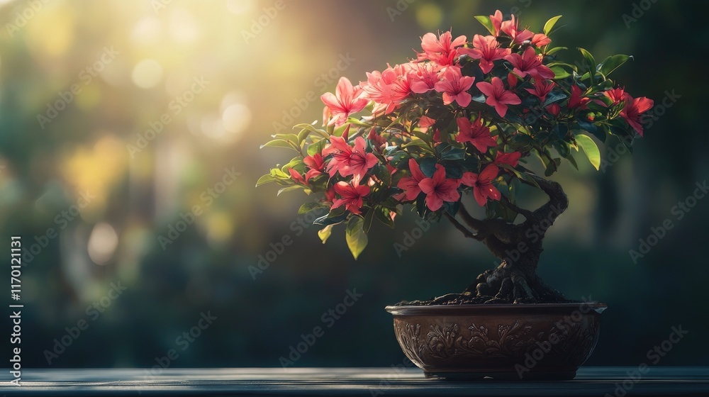 A flowering bonsai tree in a decorative pot, its blossoms contrasting beautifully against the green foliage. A flowering bonsai tree in a decorative pot, its blossoms contrasting beautifully against the green foliage.