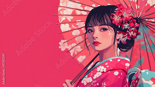 Japanese traditional culture geisha beautiful girl wearing kimono yukata illustration background