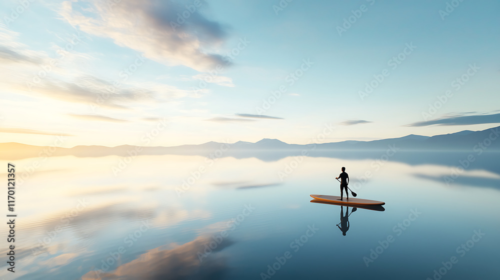 Naklejka premium serene paddleboarder stands on calm water, surrounded by mountains and beautiful sky. tranquil scene evokes peace and adventure
