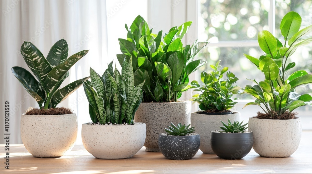 Fototapeta premium A group of ZZ plants in various sized pots, arranged on a wooden table in a bright and airy room.
