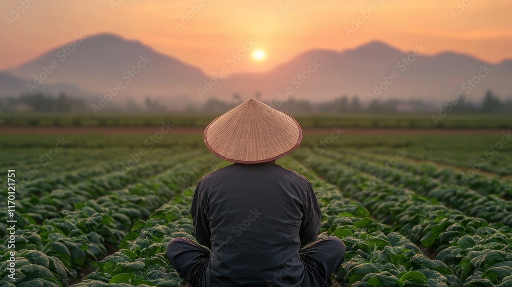 Fototapeta premium Farmer Watching Sunset Over Lush Green Fields in Rural Landscape