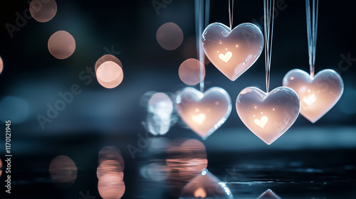 The hearts cast soft reflections on a dark, moody surface, creating a romantic and dreamy atmosphere perfect for Valentine’s Day or love-themed content.


