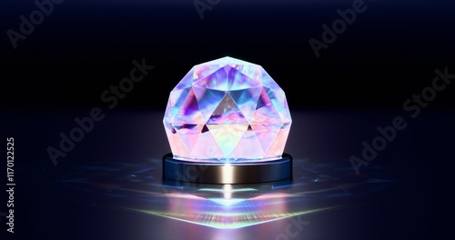 Fotografi Luminescent colorful waving liquid within polyhedron glass globe