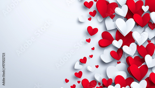Valentine's Day background with red and white paper hearts, love concept banner design. Vector illustration. Love poster for greeting card or invitation to a party, wedding. Valentine's Day background
