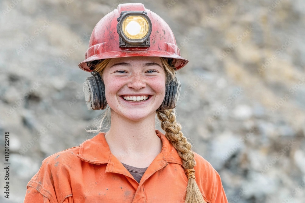 Smiling Female Miner in Safety Gear at a Quarry Site Smiling Female Miner in Safety Gear at a Quarry Site