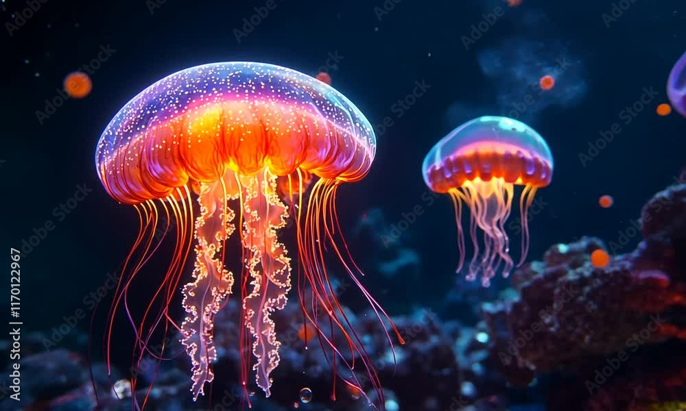 Vibrant jellyfish illuminated in a deep-sea setting, showcasing their ethereal beauty. Vibrant jellyfish illuminated in a deep-sea setting, showcasing their ethereal beauty.