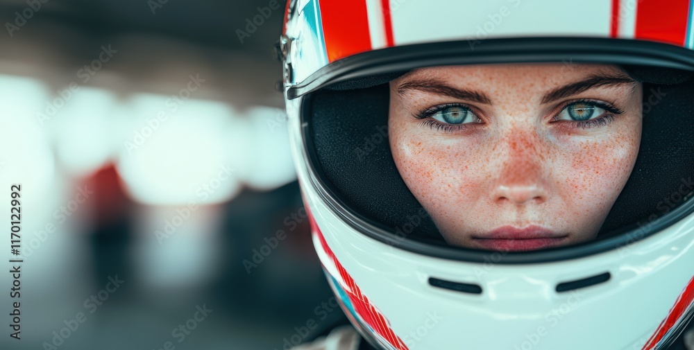 Portrait of Female Race Car Driver in Helmet with Intense Stare Portrait of Female Race Car Driver in Helmet with Intense Stare