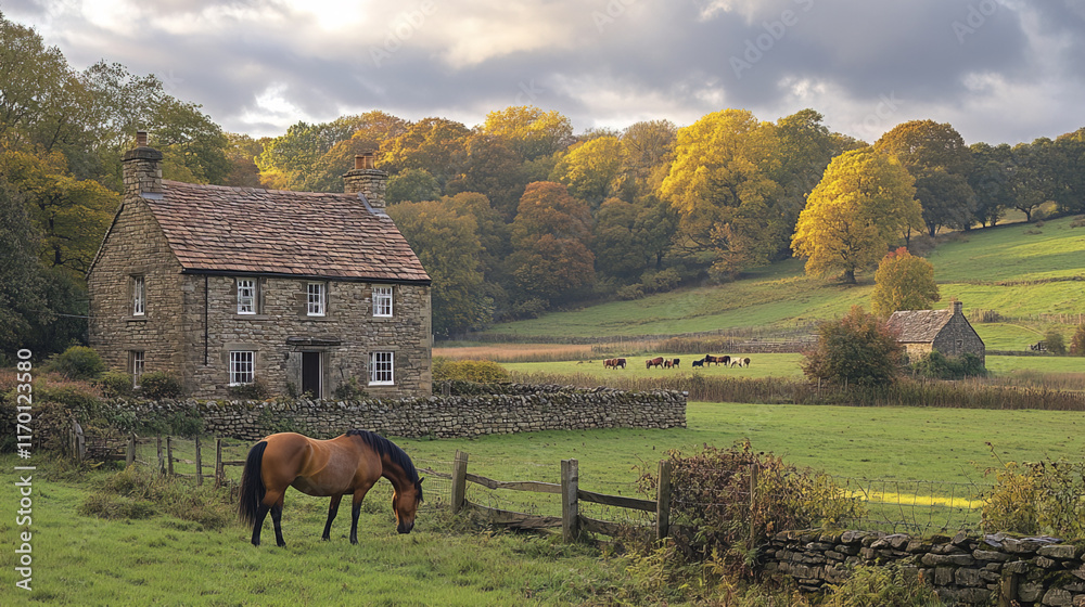 Obraz premium serene rural scene with horse grazing near charming farmhouse