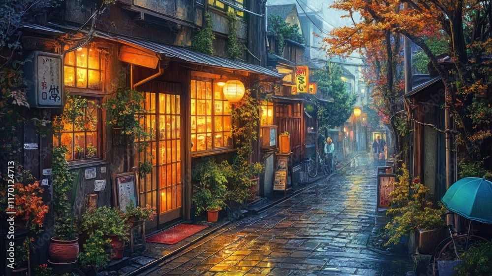 Fototapeta premium A quiet Tokyo alley with potted plants and vintage architecture, lit by soft evening light.