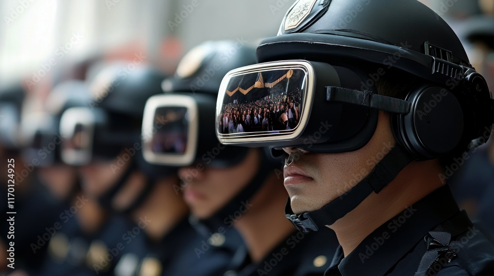 Police officers using virtual reality headsets in training. Police officers using virtual reality headsets in training.