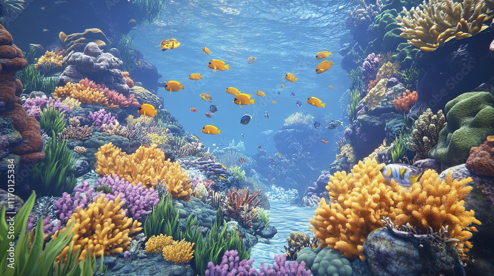 Obraz premium vibrant coral reef scene filled with colorful tropical fish swimming gracefully