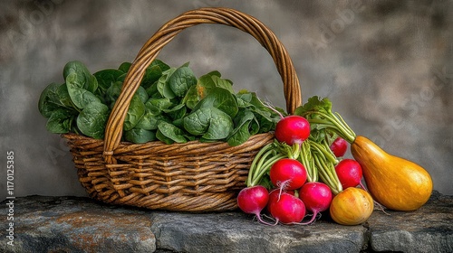 A rustic vegetable basket filled with colorful radishes, spinach, and squash, placed on a weathered stone surface.