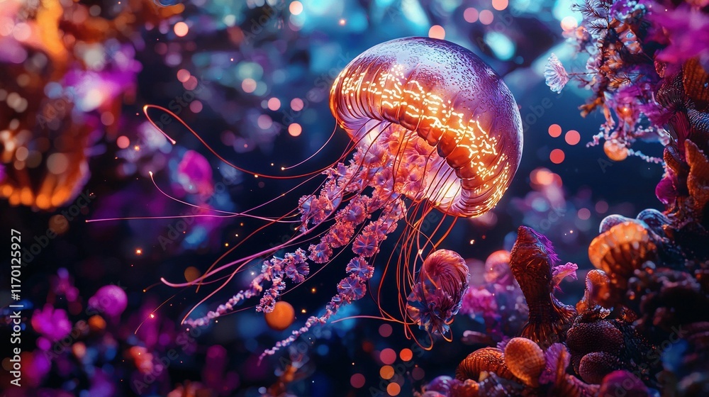 Obraz premium Luminous jellyfish swims vibrant reef, bokeh background, digital art