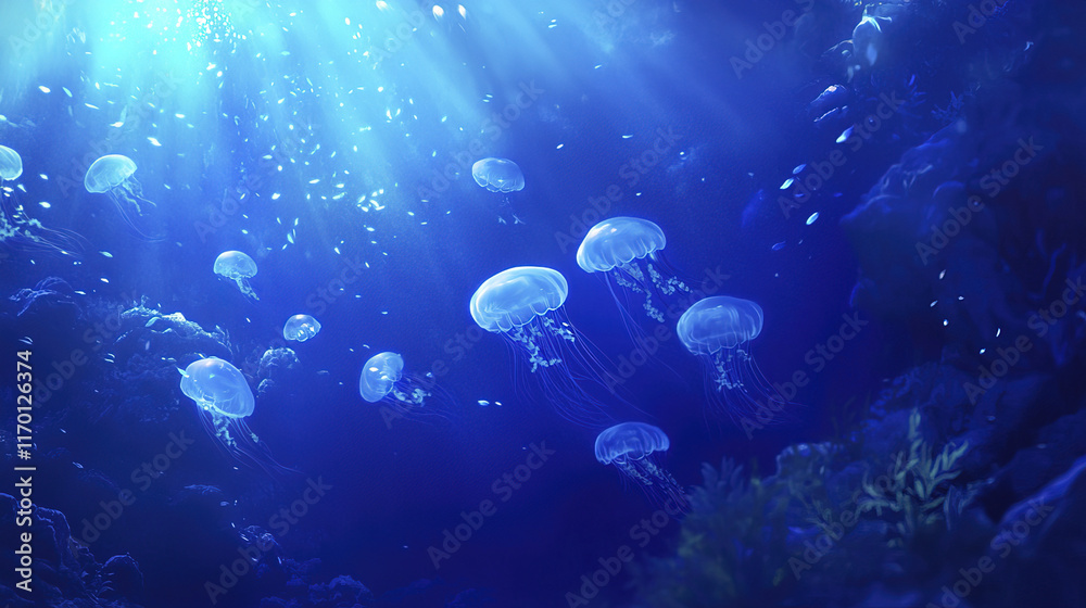 Fototapeta premium Mesmerizing underwater scene of jellyfish floating gracefully in blue
