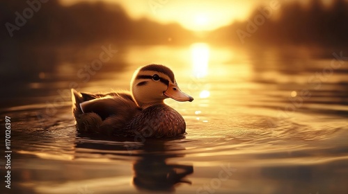 Golden Hour Duck: A Serene Sunset Scene photo