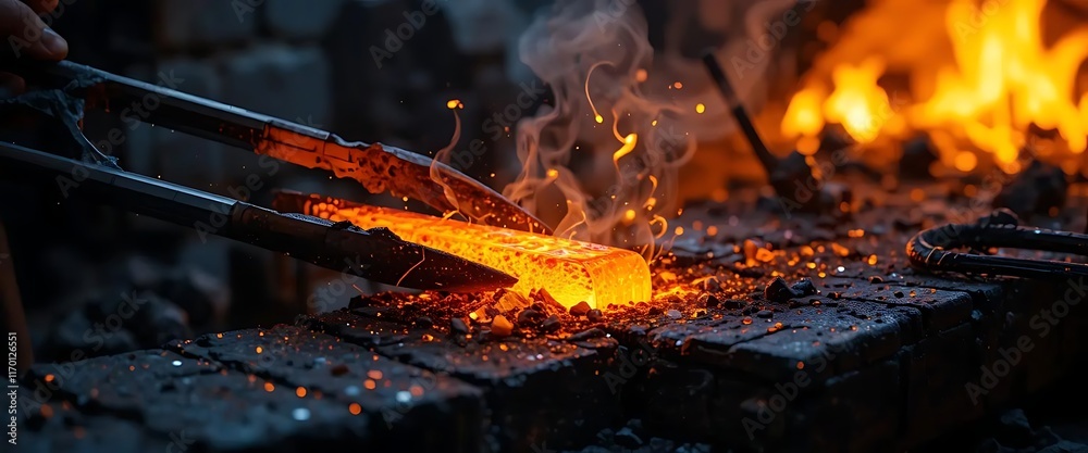 Blacksmith Forging Glowing Metal Over Fire Blacksmith Forging Glowing Metal Over Fire