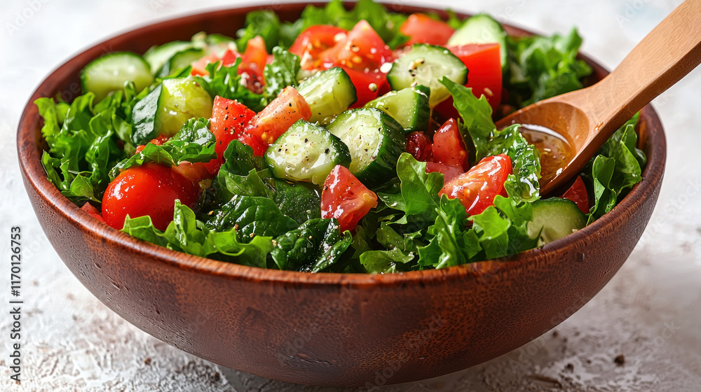 Fresh salad with lettuce, tomatoes, cucumbers, and dressing in a wooden bowl. Fresh salad with lettuce, tomatoes, cucumbers, and dressing in a wooden bowl.