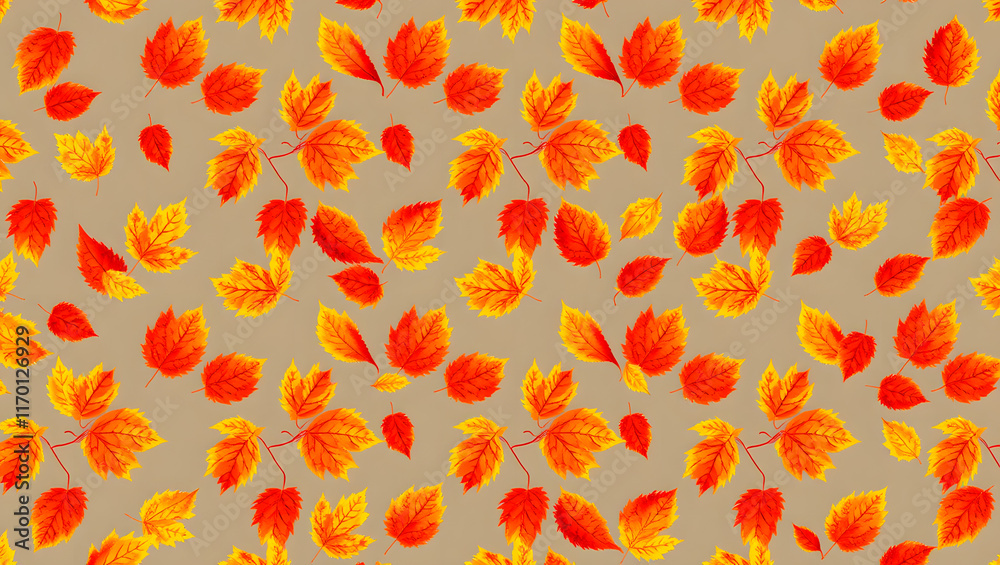 A repeating design of autumn leaves in shades of orange, yellow, and red A repeating design of autumn leaves in shades of orange, yellow, and red