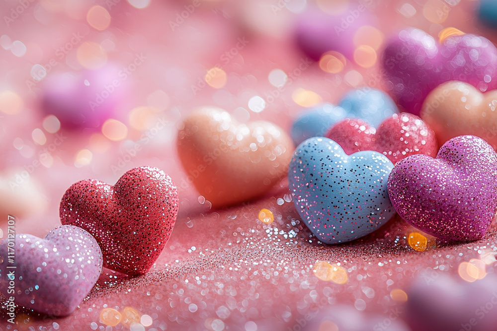 Obraz premium Colorful glitter hearts on pink background with bokeh.
