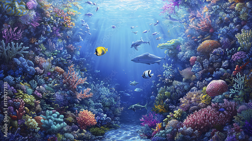 Naklejka premium vibrant coral reef scene filled with diverse marine life and colors