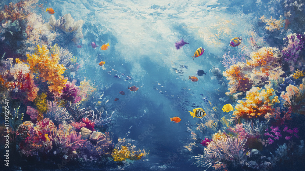 Naklejka premium vibrant coral reef scene filled with colorful marine life and plants