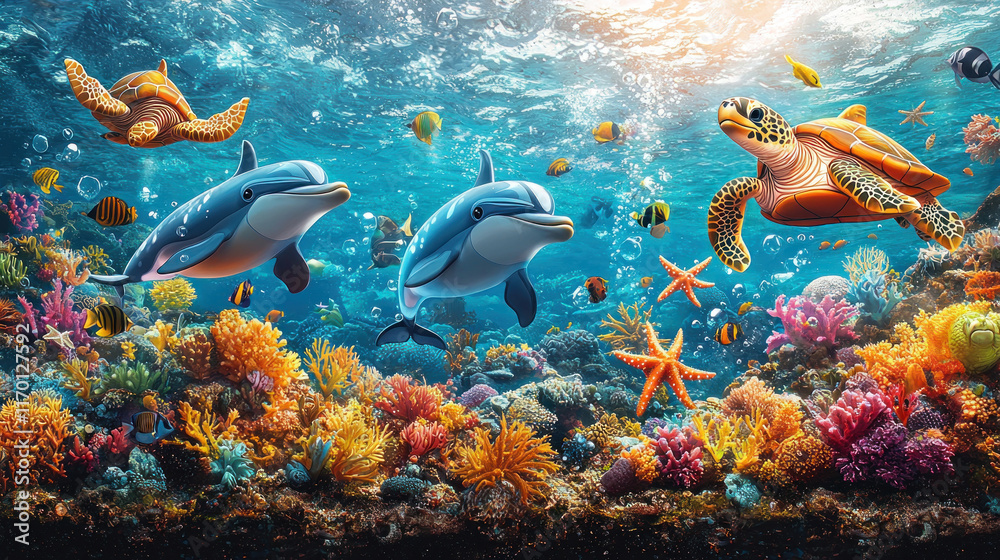 Naklejka premium Dolphins and turtles swim among colorful coral reefs in a vibrant ocean scene.